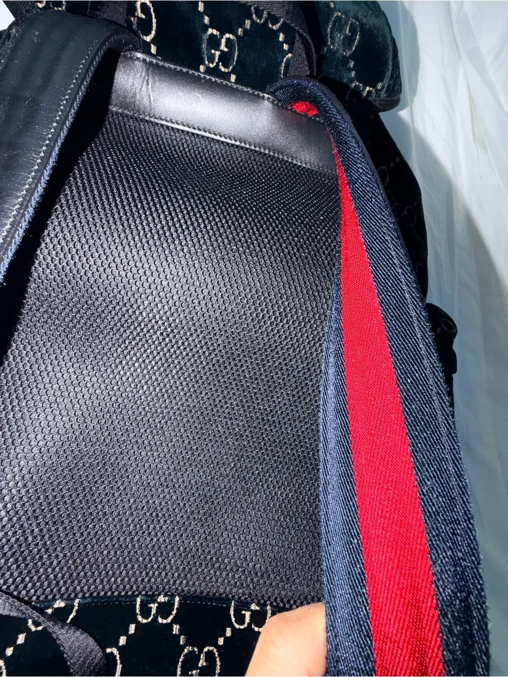 Gucci Dark Blue Velvet GG Monogram Backpack with Gold Accents